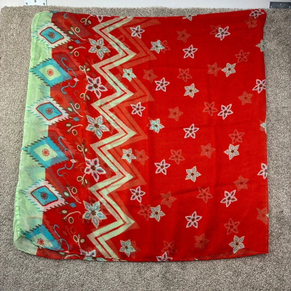 Womens Square Scarf Red Floral Chevron Geometric Sheer Boho Festival 36
